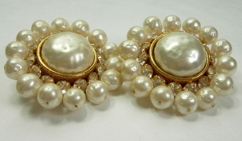 1980s Runway Dominique Aurientis Paris Earrings Faux Pearls Strass