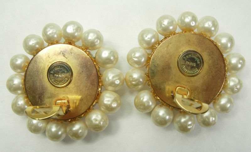 1980s Runway Dominique Aurientis Paris Earrings Faux Pearls Strass