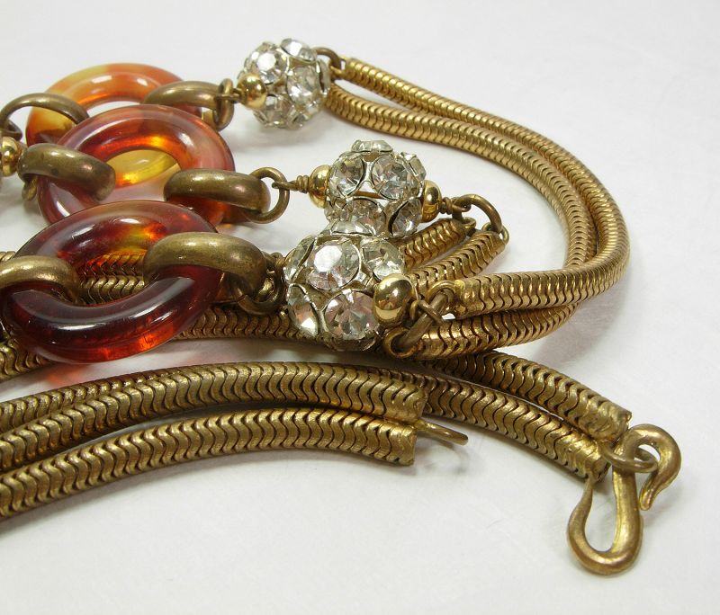 70s French Sautoir Necklace Brilliant Stones Snake Chains Lucite Rings