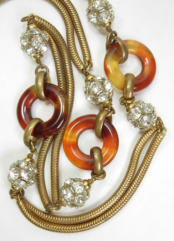 70s French Sautoir Necklace Brilliant Stones Snake Chains Lucite Rings