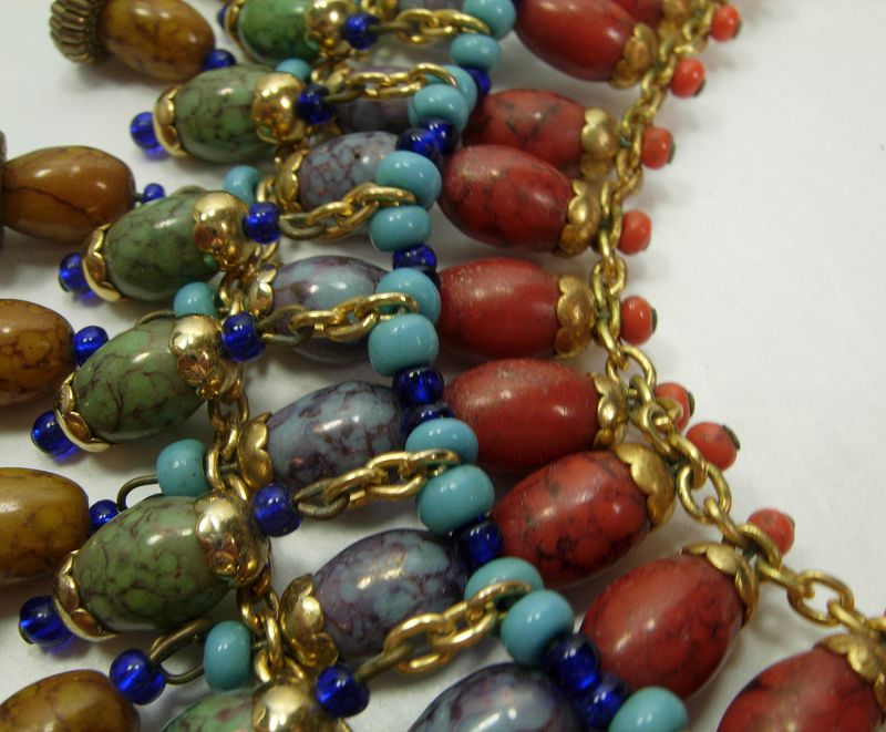 60s French Glass Collier Huge Necklace Faux Jade Amber Coral Turquoise