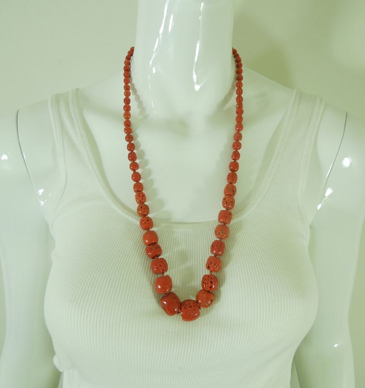 1970s Mediterranean Red Coral Necklace Large Graduated Barrel Beads