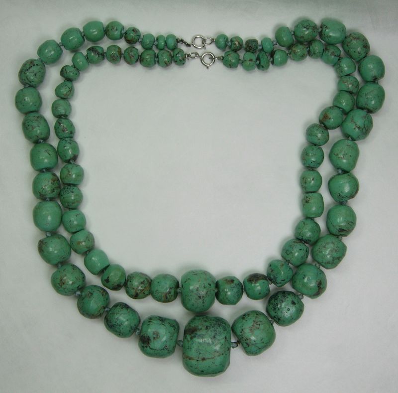 Pair Very Big 1970s Turquoise Necklaces Hand Carved Beads Artist Sign.