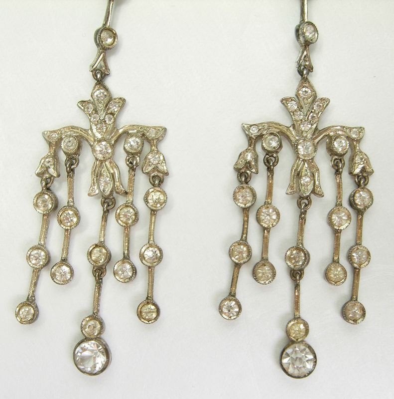C 1910 Edwardian Long Earrings Sterling Silver 10K Gold Paste Stones