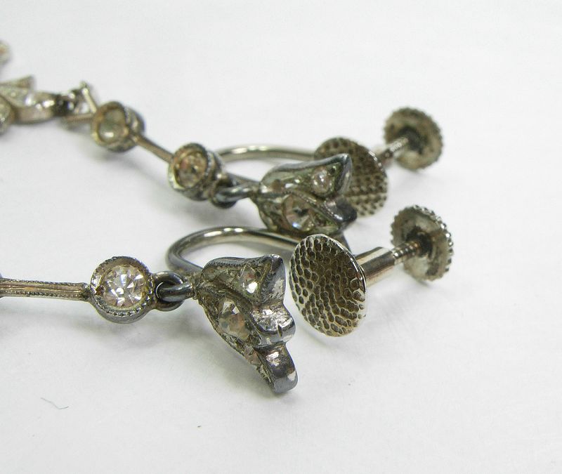 C 1910 Edwardian Long Earrings Sterling Silver 10K Gold Paste Stones