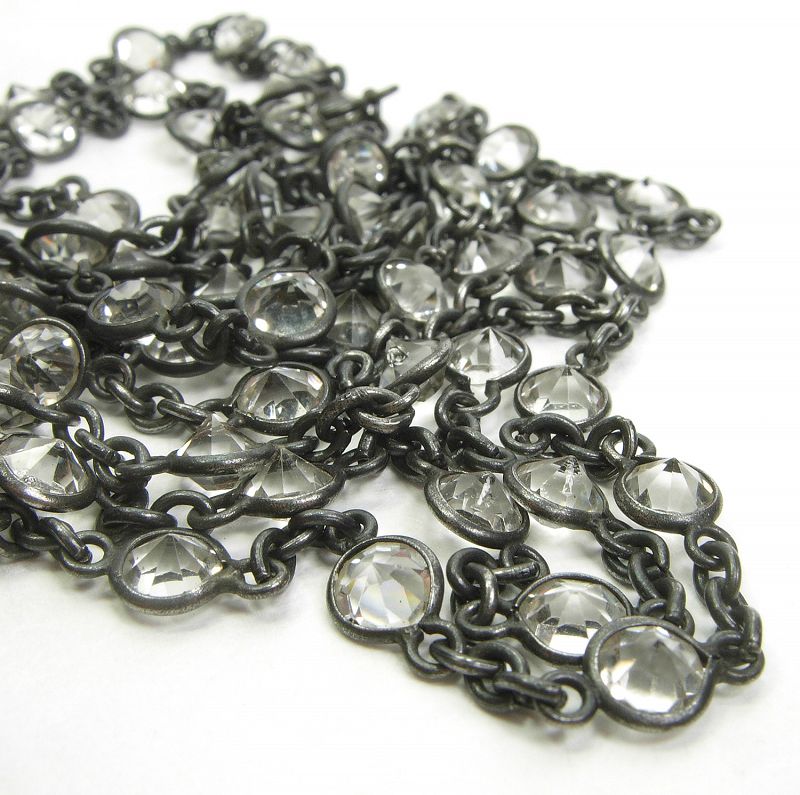 Antique Victorian Gunmetal Guard Chain 100 Collet Set Crystals 59 Inch