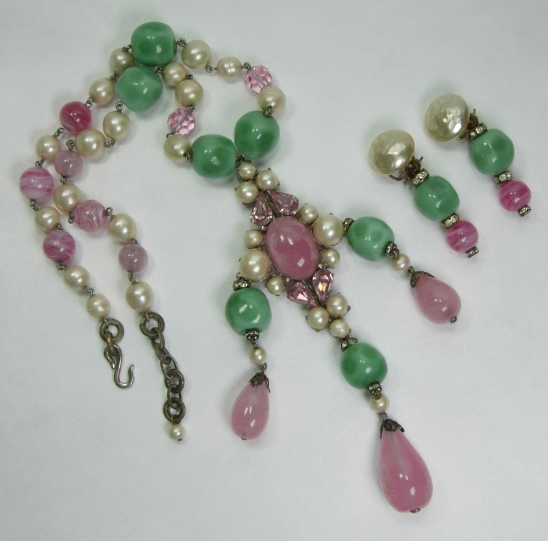 60s French Glass R'stones Necklace Earrings 18th C Style Marked Depose