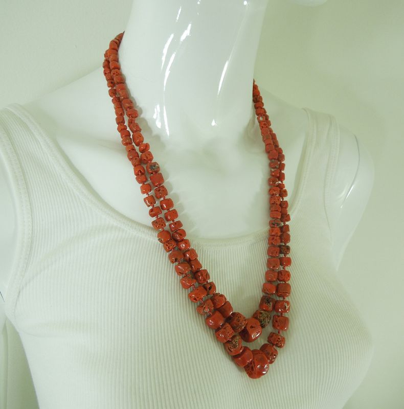 Pair 1970s Mediterranean Red Coral Necklaces Graduated Barrel Beads