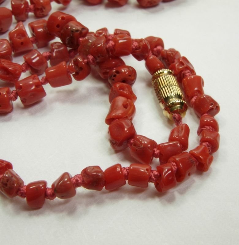 Pair 1970s Mediterranean Red Coral Necklaces Graduated Barrel Beads