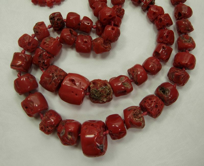 Pair 1970s Mediterranean Red Coral Necklaces Graduated Barrel Beads