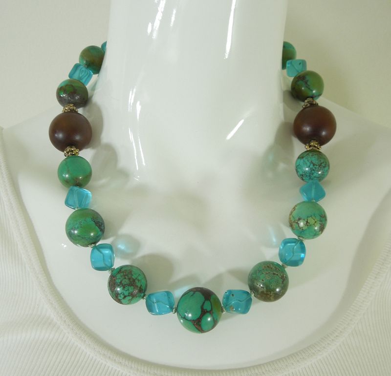 Vintage Chinese Turquoise Baltic Amber Fluorite Silver Necklace 165 Gr