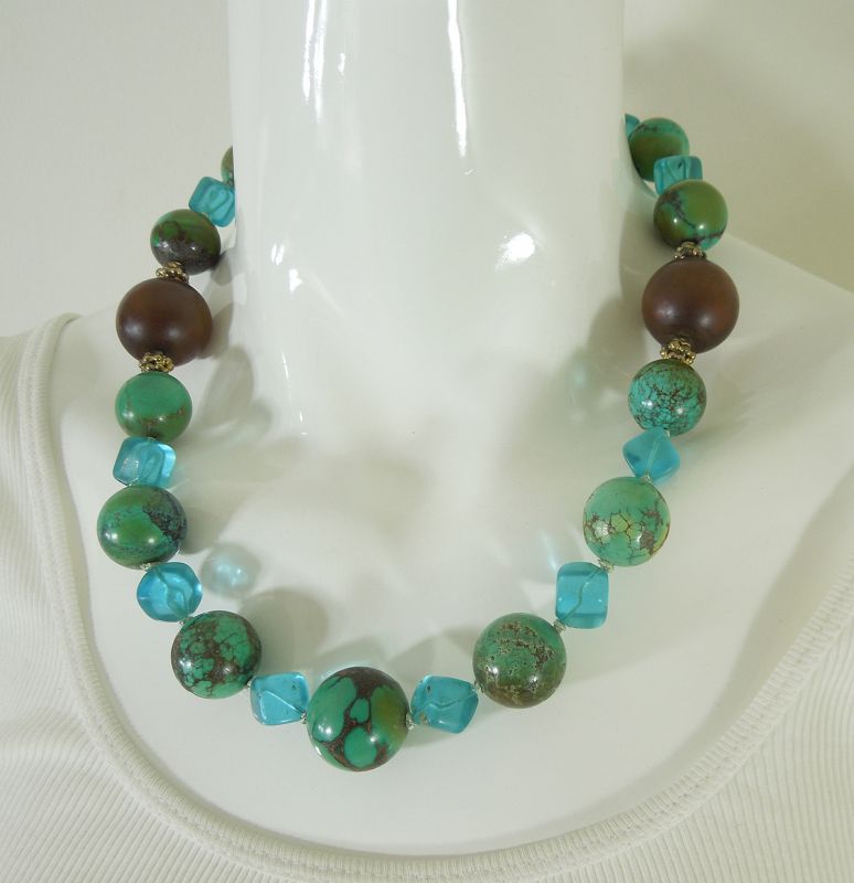 Vintage Chinese Turquoise Baltic Amber Fluorite Silver Necklace 165 Gr