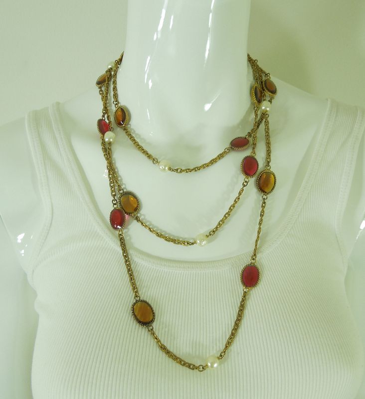 1984 Signed Chanel Gripoix Poured Glass Long Necklace Pink Topaz 66 In