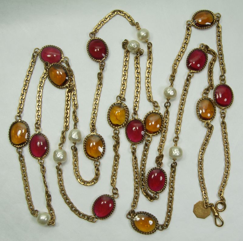 1984 Signed Chanel Gripoix Poured Glass Long Necklace Pink Topaz 66 In