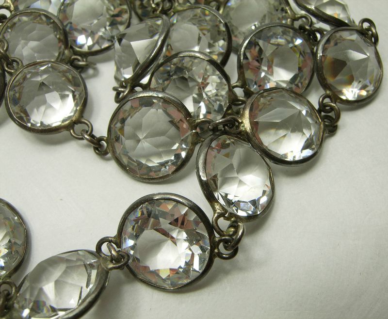 Antique French Silver Rock Crystal Guard Chain Necklace Large Stones