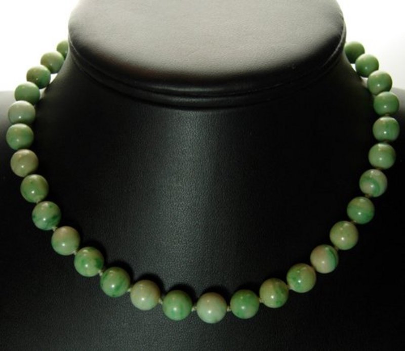1930s Apple Jade Beaded Necklace 9MM; 14KT Opal Clasp