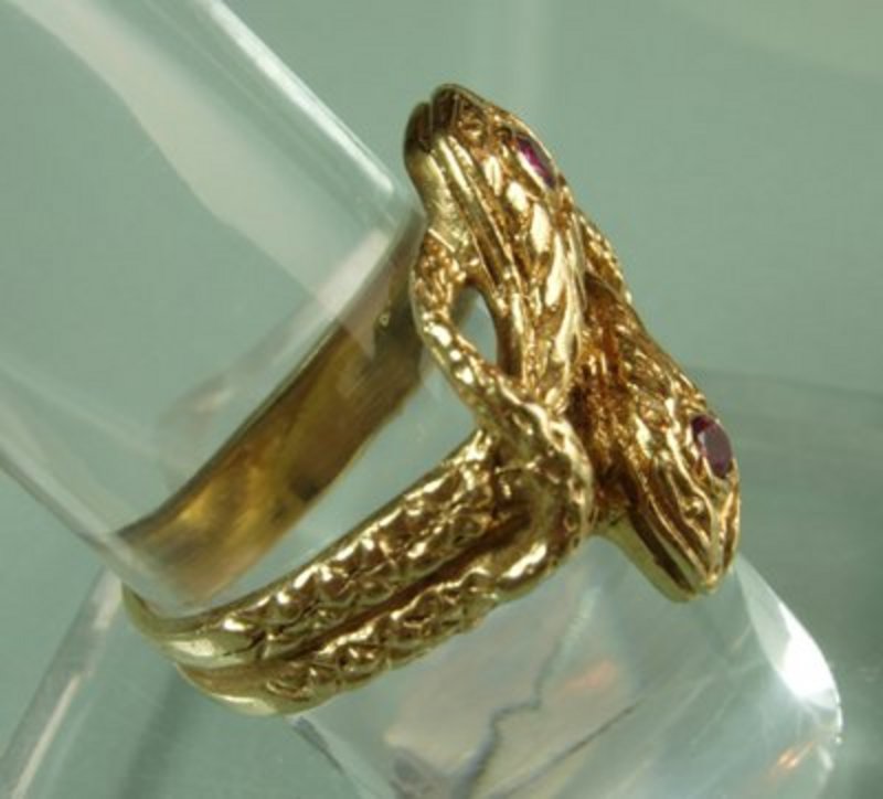 Art Nouveau 14KT Gold Ruby Ring w/ 2 Intertwined Snakes
