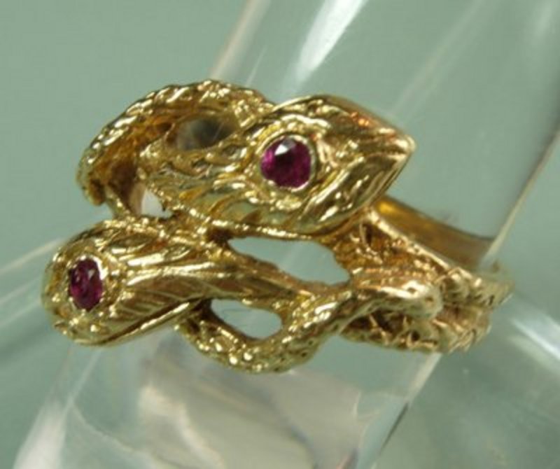 Art Nouveau 14KT Gold Ruby Ring w/ 2 Intertwined Snakes