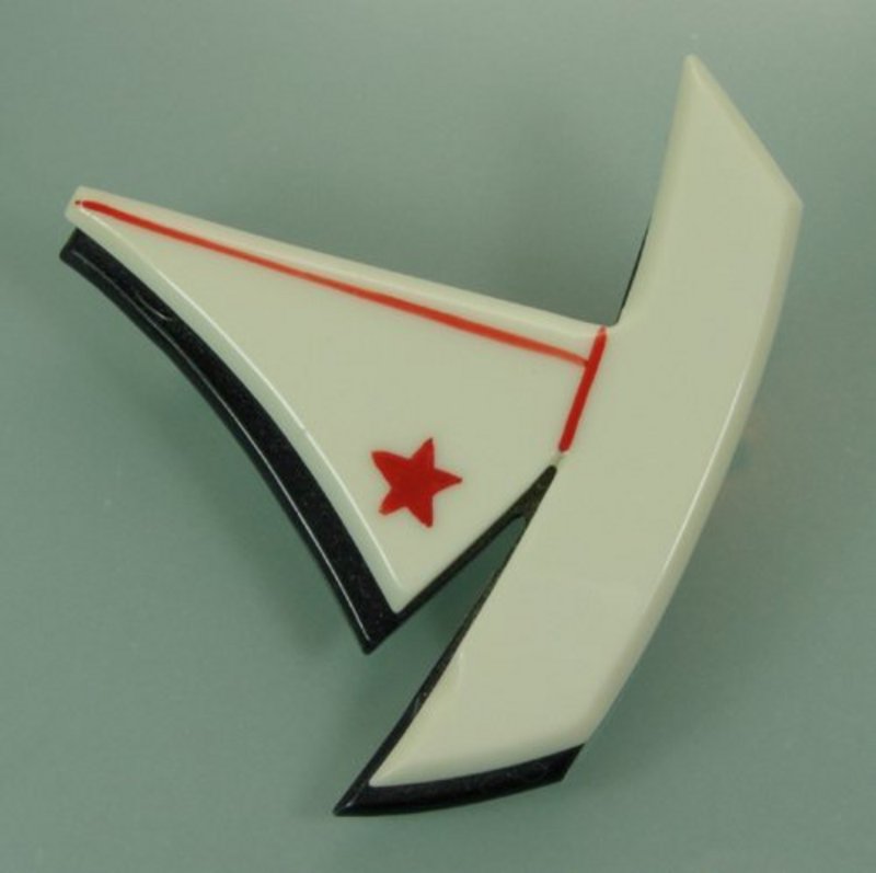 1970s French Plastic Layered Painted Sailboat Brooch