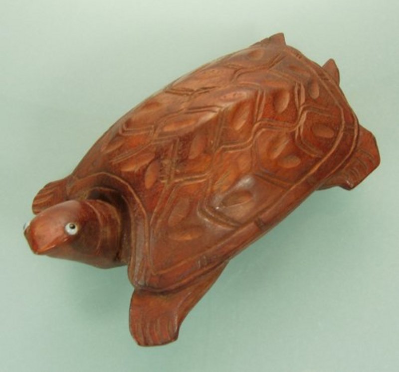 Very Big 40s Carved Wood Figural Turtle Pin Glass Eyes