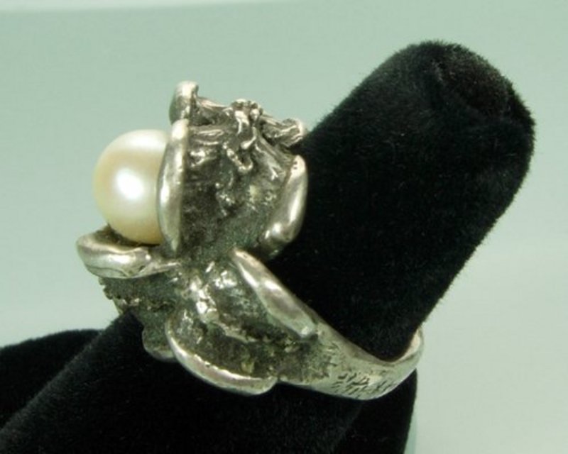 Heavy Antique Arts &amp; Crafts Sterling and Pearl Ring