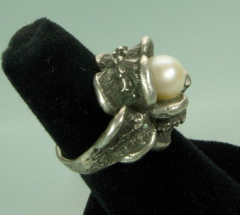 Heavy Antique Arts &amp; Crafts Sterling and Pearl Ring