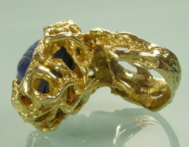 14KT Gold Chinese Carved Lapis Diamond Cocktail Ring