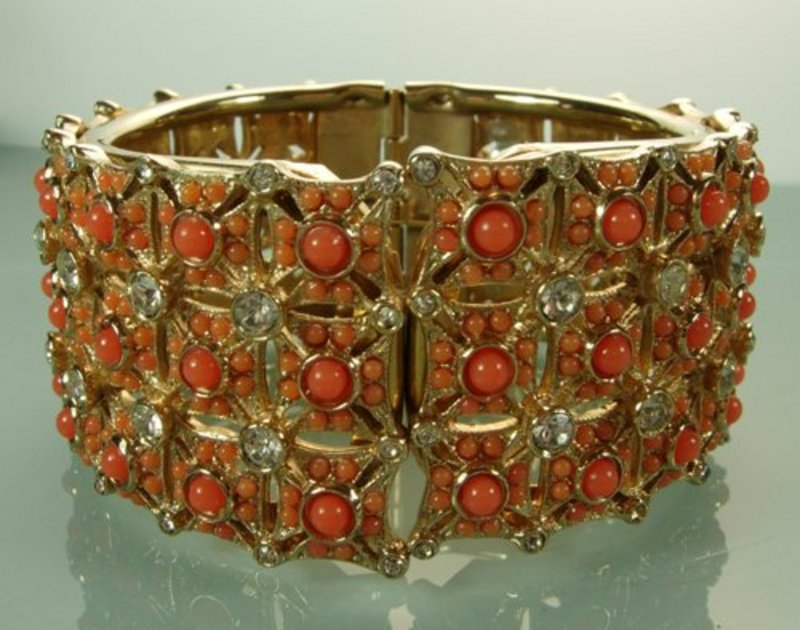 Signed Ben Reig Faux Coral Diamante Hinged Bracelet