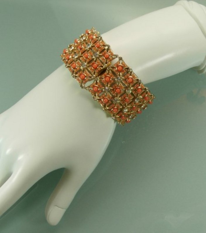 Signed Ben Reig Faux Coral Diamante Hinged Bracelet