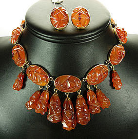 Signed Italian Carved Amber Bakelite Necklace Earrings
