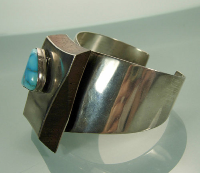 Modernist Biomorphic Sterling Wood Turquoise Bracelet