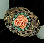 Chinese Sterling Carved Pink Coral, Turquoise Bracelet