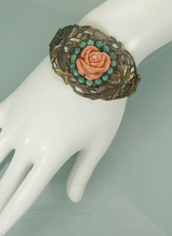 Chinese Sterling Carved Pink Coral, Turquoise Bracelet