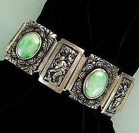 Stunning Heavy Chinese Figural Silver Jade Bracelet