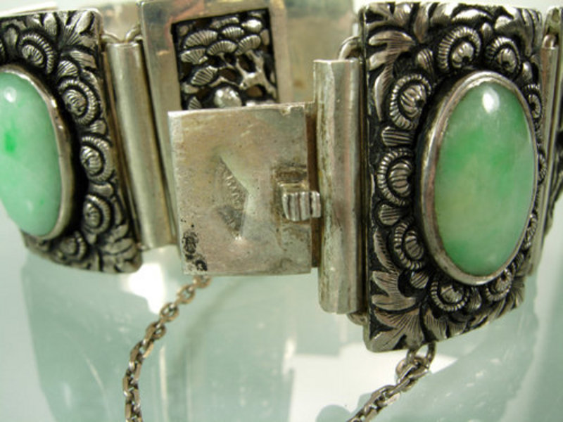 Stunning Heavy Chinese Figural Silver Jade Bracelet