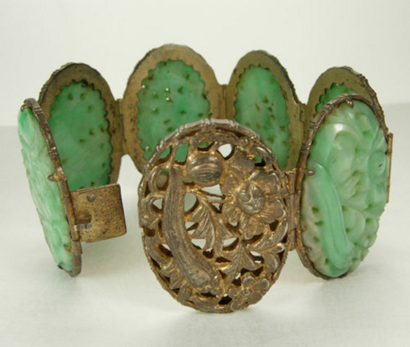 Early Chinese Silver Bracelet; 6 Very Big Carved Jades