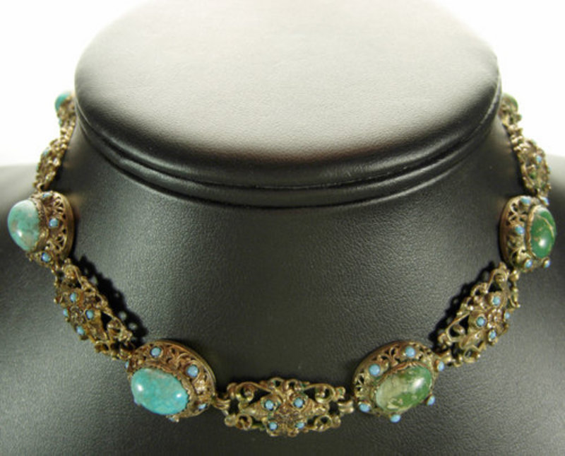 Austro Hungarian Silver Blue + Green Turquoise Necklace