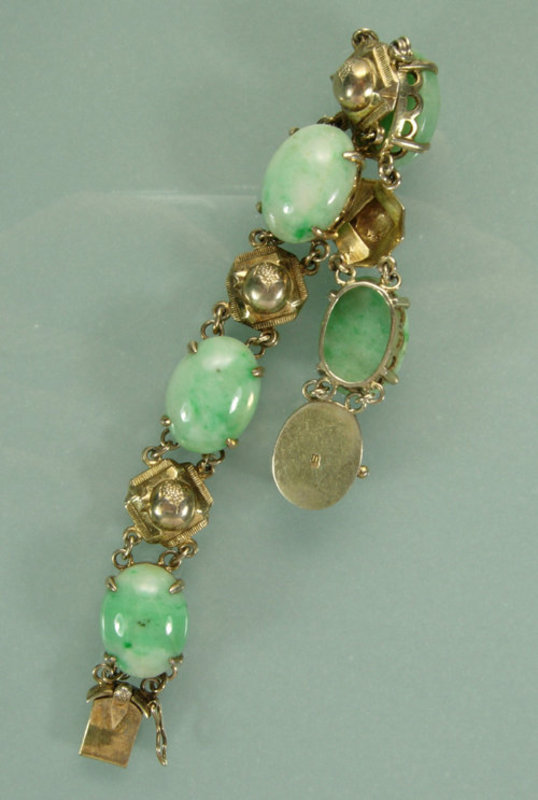 Antique Chinese Silver Gilt and Jade Cabochons Bracelet
