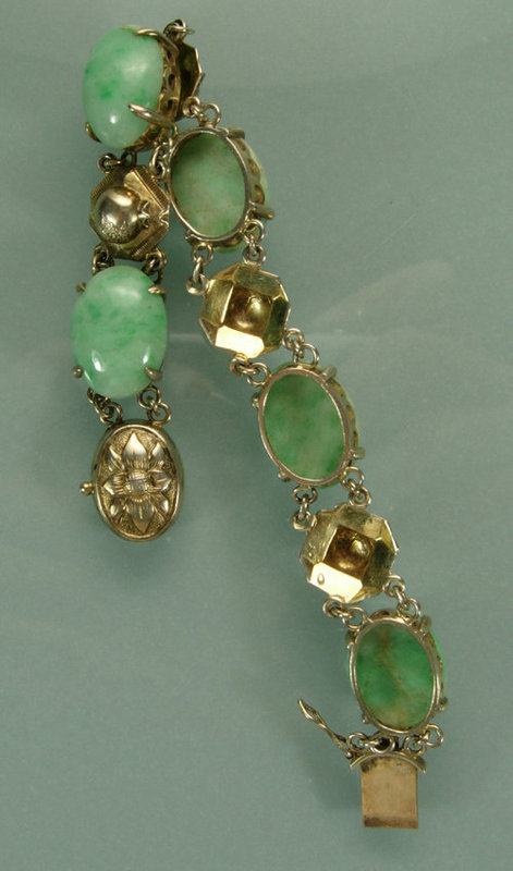 Antique Chinese Silver Gilt and Jade Cabochons Bracelet