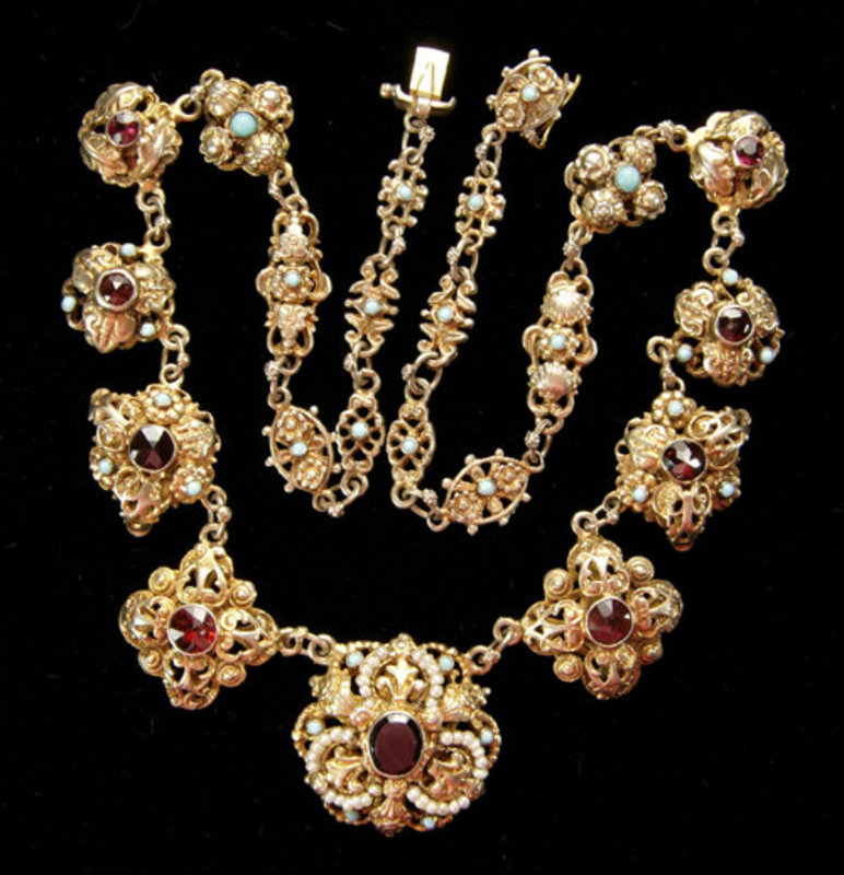 Austro Hungarian Silver Gilt Garnet and Pearl Necklace