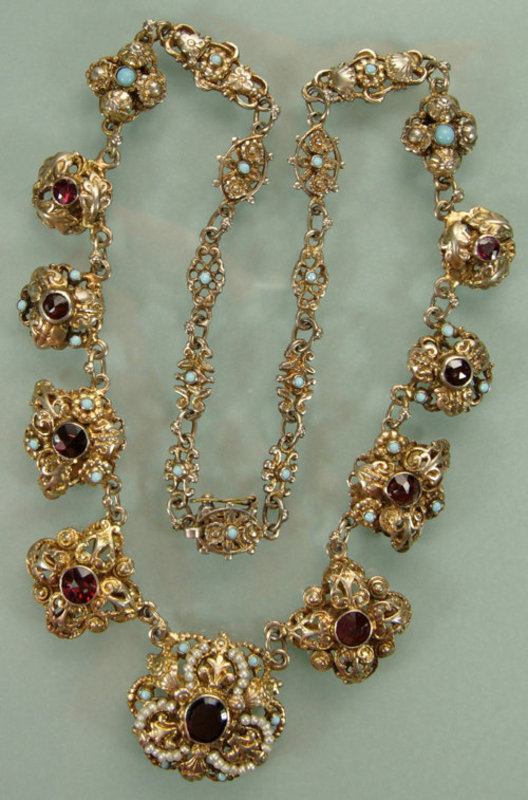 Austro Hungarian Silver Gilt Garnet and Pearl Necklace