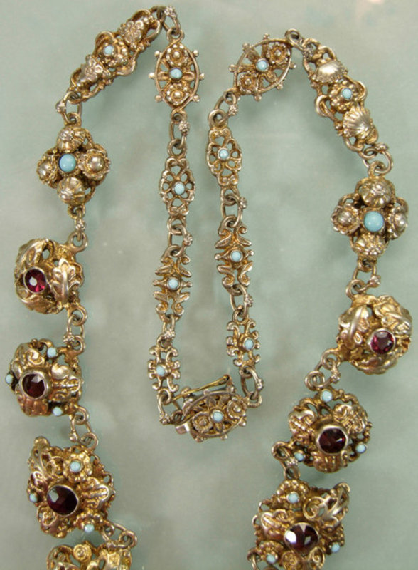 Austro Hungarian Silver Gilt Garnet and Pearl Necklace