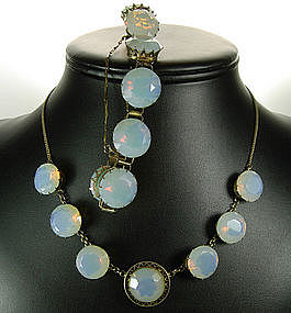 Art Deco Silver Necklace Bracelet Huge Opaline Stones