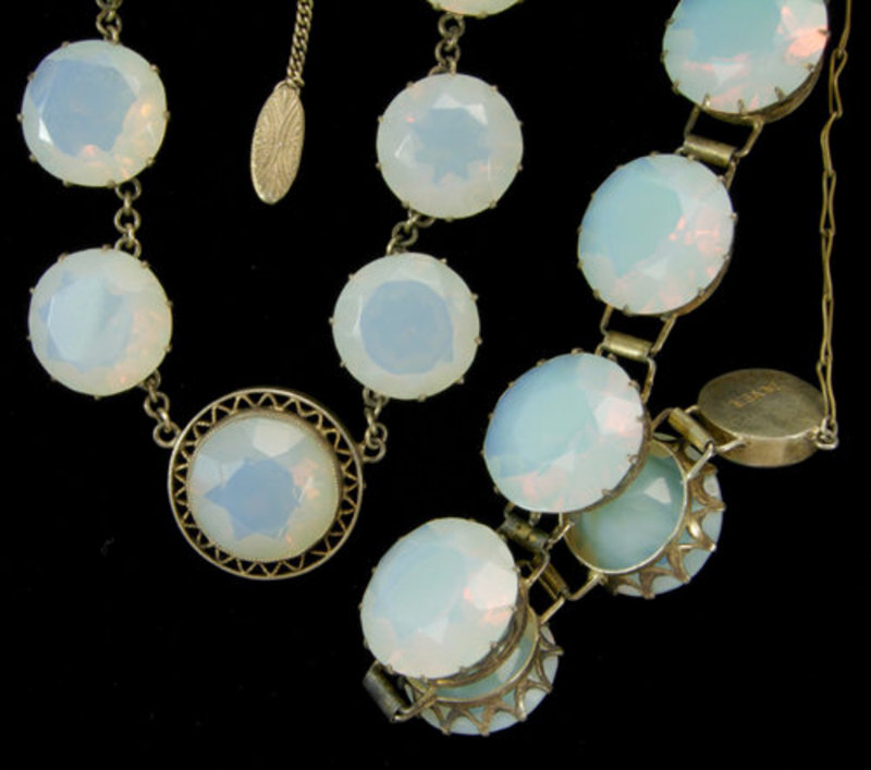 Art Deco Silver Necklace Bracelet Huge Opaline Stones