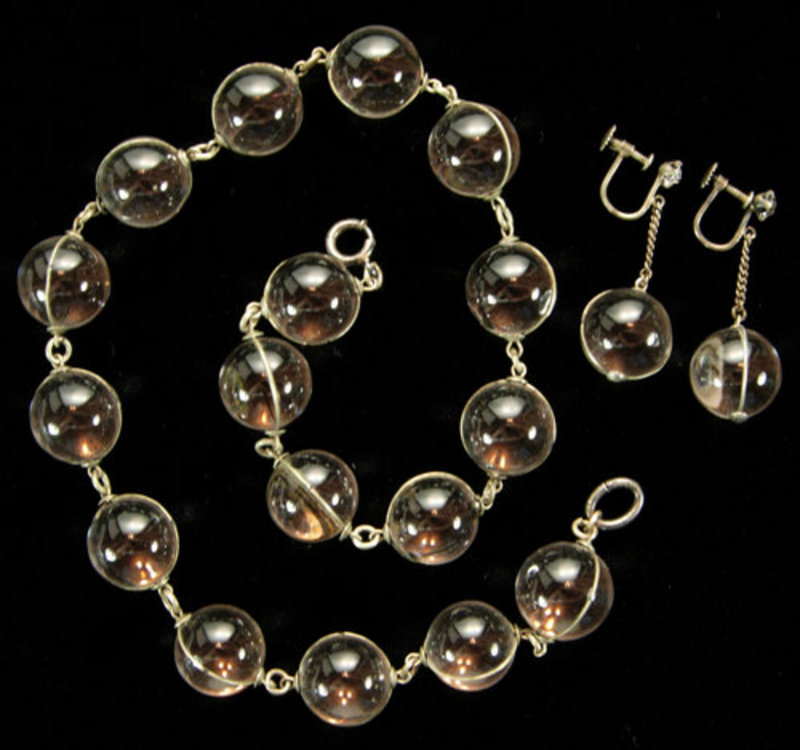 Deco Rock Crystal Silver Pools of Light Necklace Earrs.