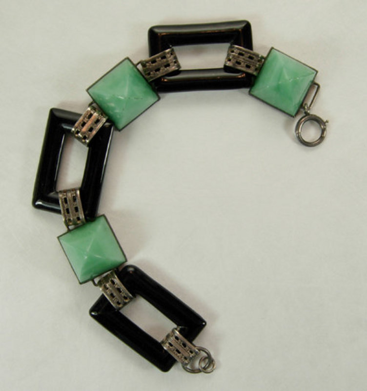 Art Deco Sterling Filigree Onyx, Peking Glass Bracelet