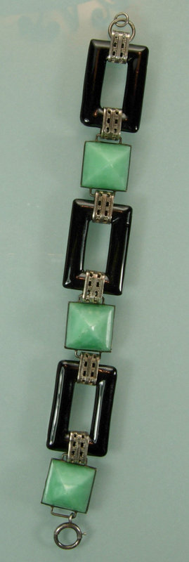 Art Deco Sterling Filigree Onyx, Peking Glass Bracelet
