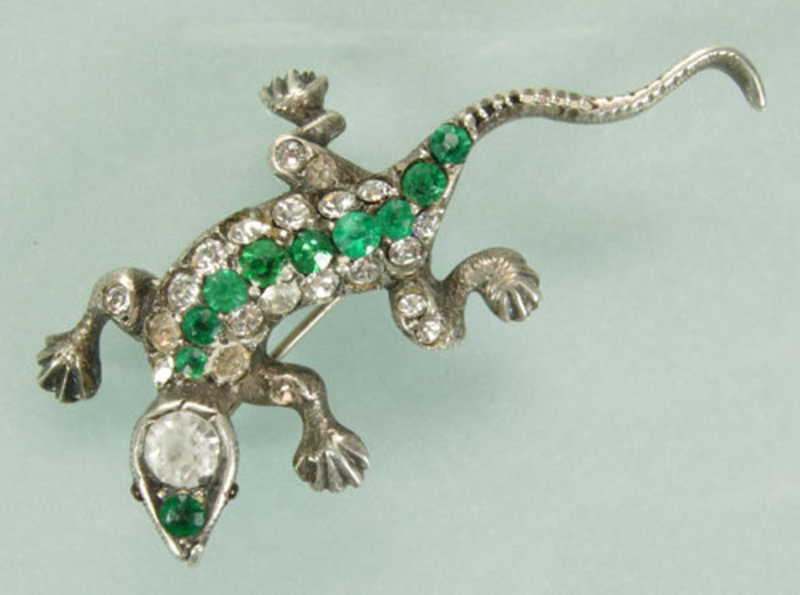 Art Deco Sterling Green Paste Salamander Form Brooch