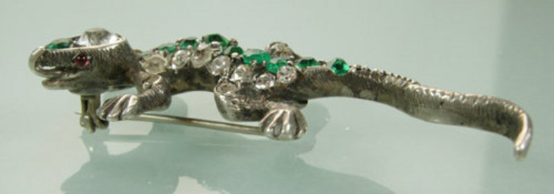 Art Deco Sterling Green Paste Salamander Form Brooch