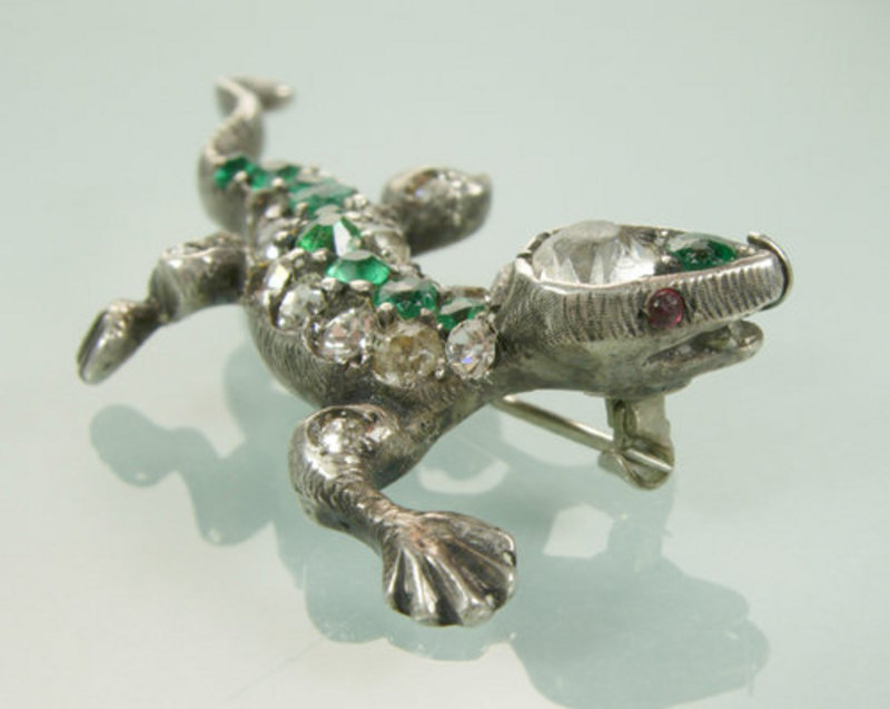 Art Deco Sterling Green Paste Salamander Form Brooch